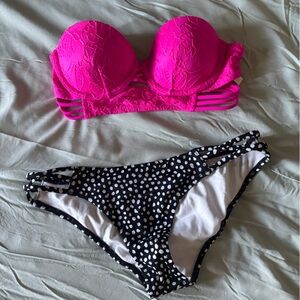 Victoria’s Secret Hot Pink Lace Strap 32B Bandeau Bikini Top w small Bottoms